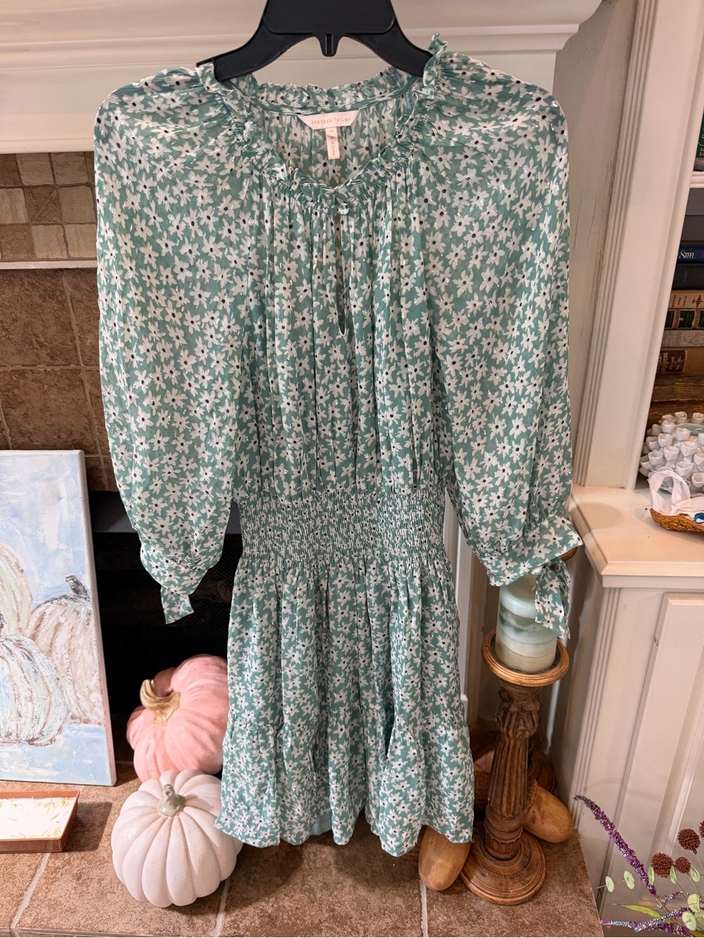 Rebecca Taylor Smocked Waist Metallic Dress floral green M